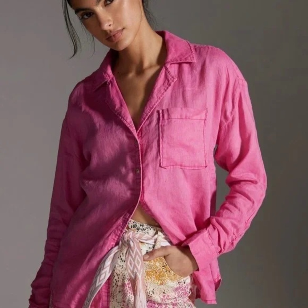 Anthropologie 100% Linen Maeve Ruched-Sleeve Buttondown Bright Pink XS